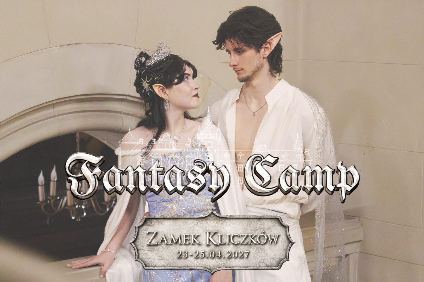 Two costumed models with elf ears gaze at each other on a castle staircase; prominent 'Fantasy Camp' banner with dates overlaying the image.