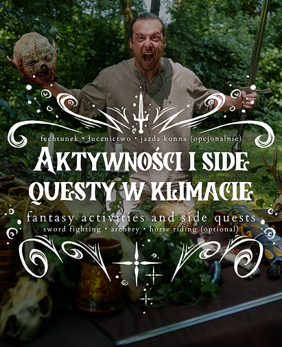 Promotional fantasy activities banner: man with a sword in a forest, advertising combat, archery, horseback riding and side quests.