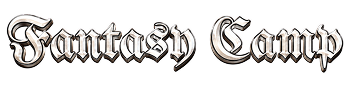 Fantasy Camp logo in ornamental blackletter font with silver styling
