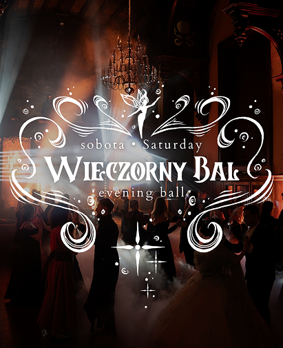 Poster for Saturday Wieczorny Bal: a dim ballroom with a chandelier and silhouettes of dancers; ornate white text advertising an evening ball.