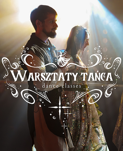 Poster-style image of two dancers in a dimly lit scene with backlight, overlaid by ornate white typography reading 'Warsztaty Tańca' and 'dance classes'—advertising dance classes.
