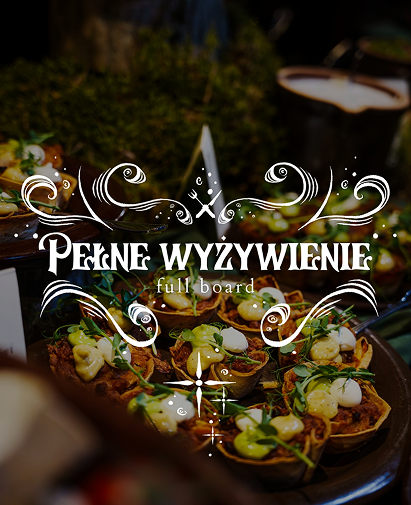 Promotional image for Penne Wyżywienie catering, showing a spread of bite-sized canapés with decorative white lettering 'Penne wyżywienie' and 'full board'.