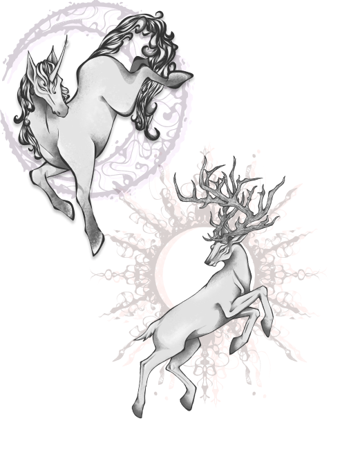 Two white unicorns with flowing gray manes leap in front of decorative purple and peach circular halos.
