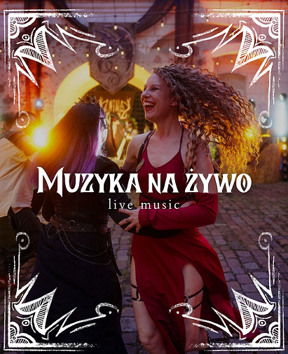 Live music event poster with two women dancing at night, warm stage lights, and a white ornate border, text 'Muzyka na żywo' with subtitle 'live music'.