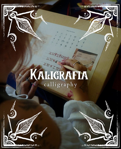 Close-up of hands writing calligraphy on a wooden desk, with a decorative white border and the title 'Kaligrafia calligraphy' overlay.