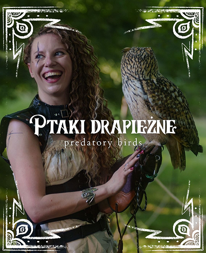 Poster showing a smiling woman with a trained owl on her gloved arm; title 'Ptaki drapieżne' is overlaid.
