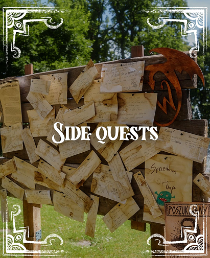 Wooden bulletin board covered with handwritten notes in a sunlit park; overlay reads 'Side Quests'.