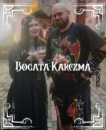 Medieval-themed poster featuring a woman in black lace and a bearded man in leather gear, posing with drinks; the title 'Bogata Karczma' across the center with decorative border framing the scene.