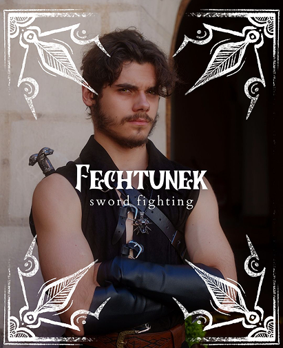 Promotional poster of a man in leather armor with arms crossed, framed by a white decorative border, with the words 'Fechtunek' and 'sword fighting' across the center.