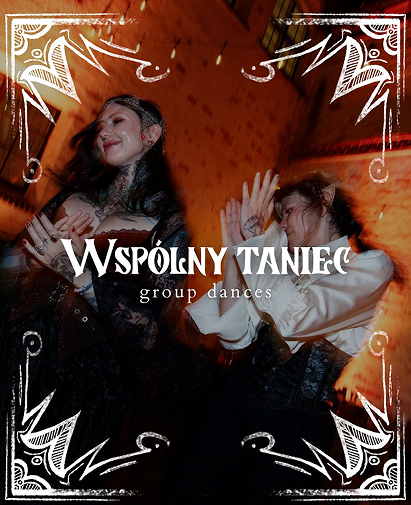 Two women dancing in a warm, dimly lit room with a white decorative frame and the text 'Wspólny Taniec group dances' overlaid, suggesting a group dance event or promotion.