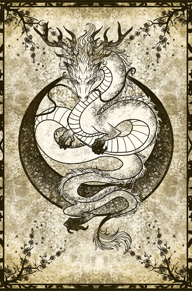 Intricate dragon coiled inside a circular frame on aged parchment with floral border motifs.