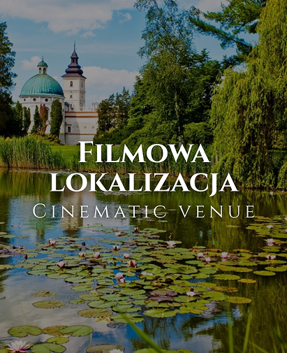 Lakeside scene with a historic domed building and trees; lily pads on the pond in foreground, overlaid with 'Filmowa Lokalizacja Cinematic Venue' text.