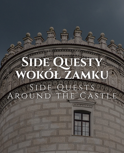 Poster on a stone castle wall advertising 'Side Questy wokół zamku' / 'Side Quests Around the Castle'