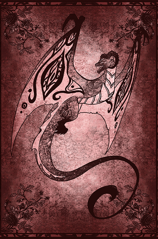 Stylized dragon with patterned wings curled into a loop, ridden by a person, inside a decorative maroon frame.