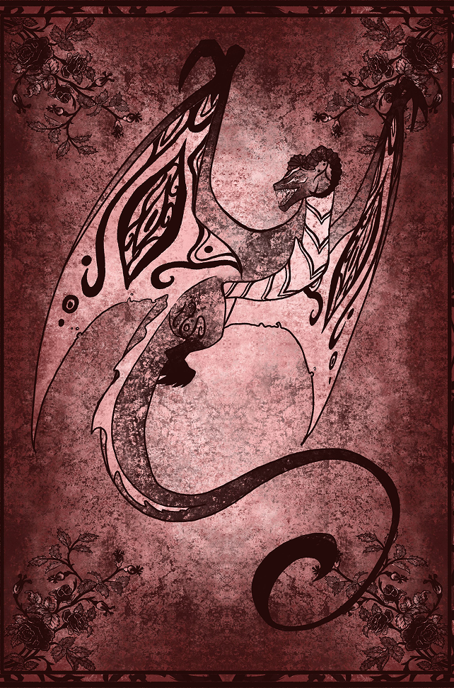 Stylized red-toned dragon with large patterned wings curled around a pink orb, framed by floral borders.