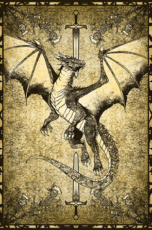 Dragon with wings spread, clinging to a vertical sword in a vintage, ornate border illustration on parchment.