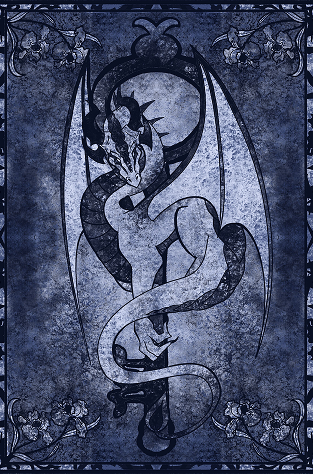 Gothic illustration of a curled dragon with large wings inside an ornate bordered frame, moon in the background.