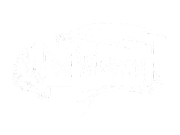 Black and white logo: a dragon wraps around a rectangular banner with jagged, Gothic-style text inside. The background is black and the artwork is white.