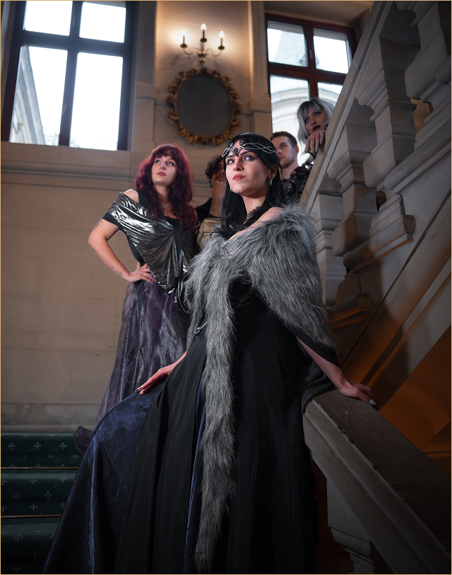 Group of women in formal gowns posing on a grand staircase, front center wearing a fur stole and headband.