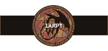 Circular mosaic logo with brown geometric pattern and the word LARPY in white, centered on a black banner.