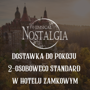 Promotional poster for a castle hotel with a decorative circle logo and Polish text about a 2-person standard room with an extra bed.