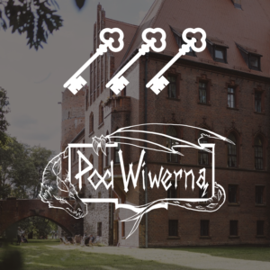 Historic brick building with arched windows and a grassy foreground, overlaid by white line-art of a dragon-like creature holding a banner and three large keys above it.