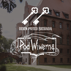 Promotional poster on a brick building announcing 'Dzień przed Biesiada' with white keys and a stylized dragon drawing above.