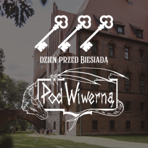 Poster on a brick building with three large white keys and the Polish text 'Dzień przed Biesiada' overlayed.