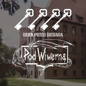 Poster for 'Dzień przed Biesiadą' with white key illustrations over a brick castle background and a dragon drawing at the bottom