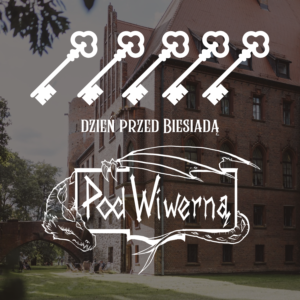 Poster for an event titled 'Dzień przed Biesiadą' with white key icons and a dragon illustration over a brick building backdrop.