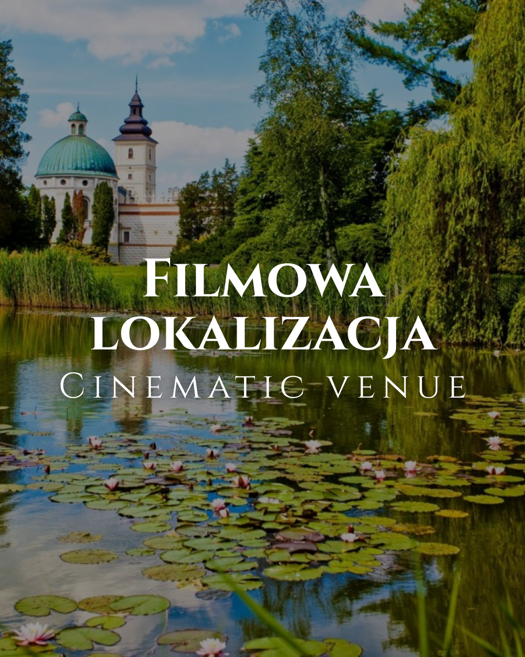 Historic domed building beside a lily-filled pond in a lush park, with bold white title text overlaid on the image.