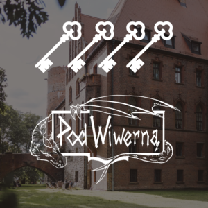Brick castle with a white line-art of four large keys and a dragon holding a banner overlaying the facade.