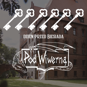 Event poster on a brick castle background with a row of large white keys and the Polish phrase 'Dzień przed Biesiadą'