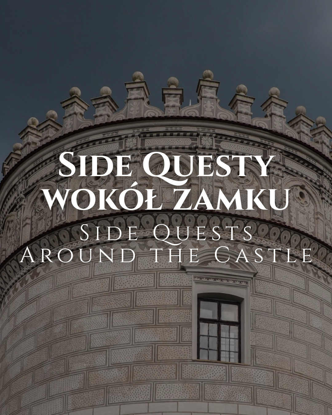 Castle tower with decorative stonework and a bold overlay title: 'Side Quests Around the Castle' (promotional poster)