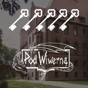 Historic brick building with arched windows and a grassy foreground, overlaid by white line art of six keys and a dragon.