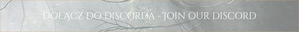 Banner inviting users to join our Discord, with white serif text over a misty forest background (Polish and English).