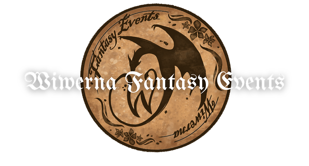 Logo for a fantasy-events company featuring a circular parchment badge with a black dragon silhouette and decorative vines, overlaid by ornate script text saying 'Wivenna Fantasy Events'.