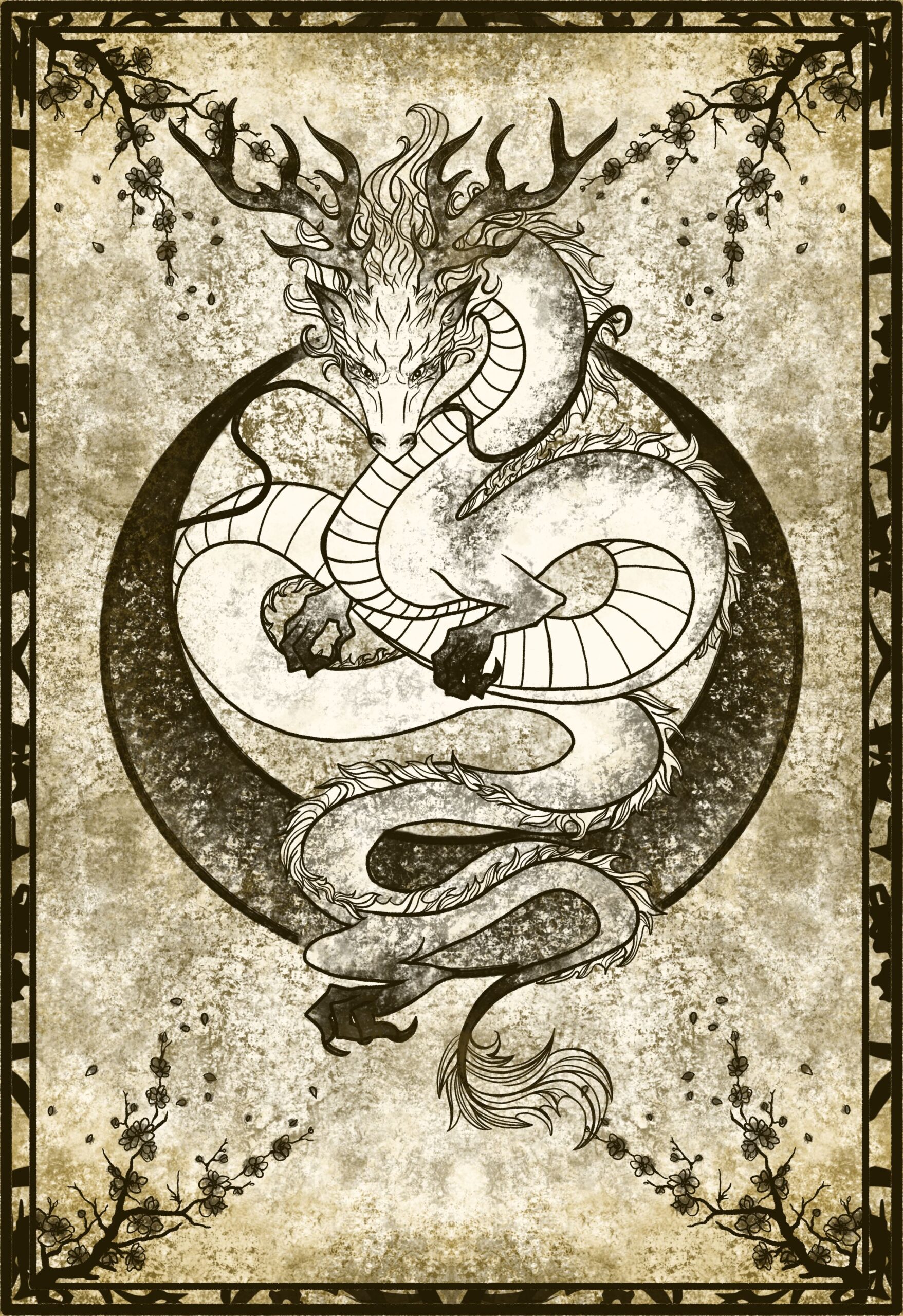 Dragon coiled in a circle on a weathered parchment with a floral border.