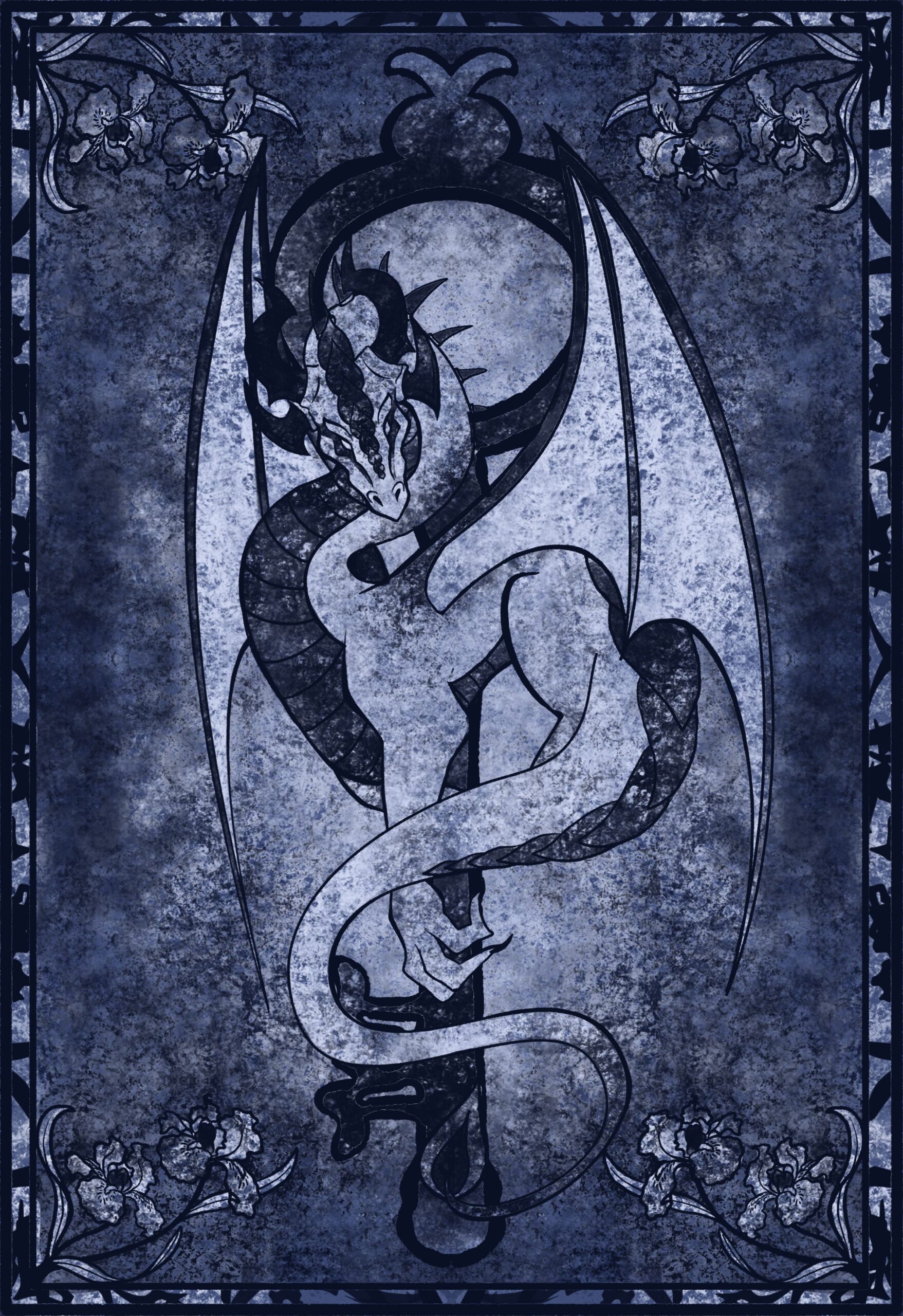 Blue-toned illustration of a stylized dragon coiled inside an ornate circular frame, bordered by a decorative floral border.