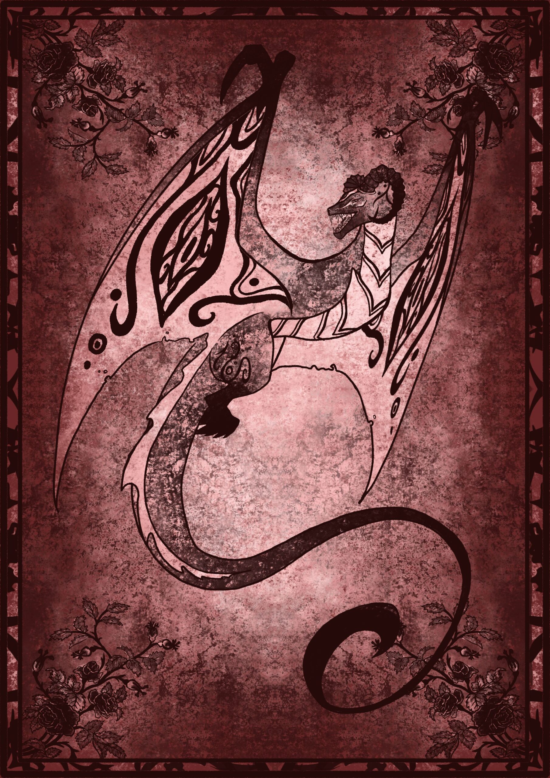 Stylized dragon with patterned wings perched on a rock, framed by a decorative rose border.
