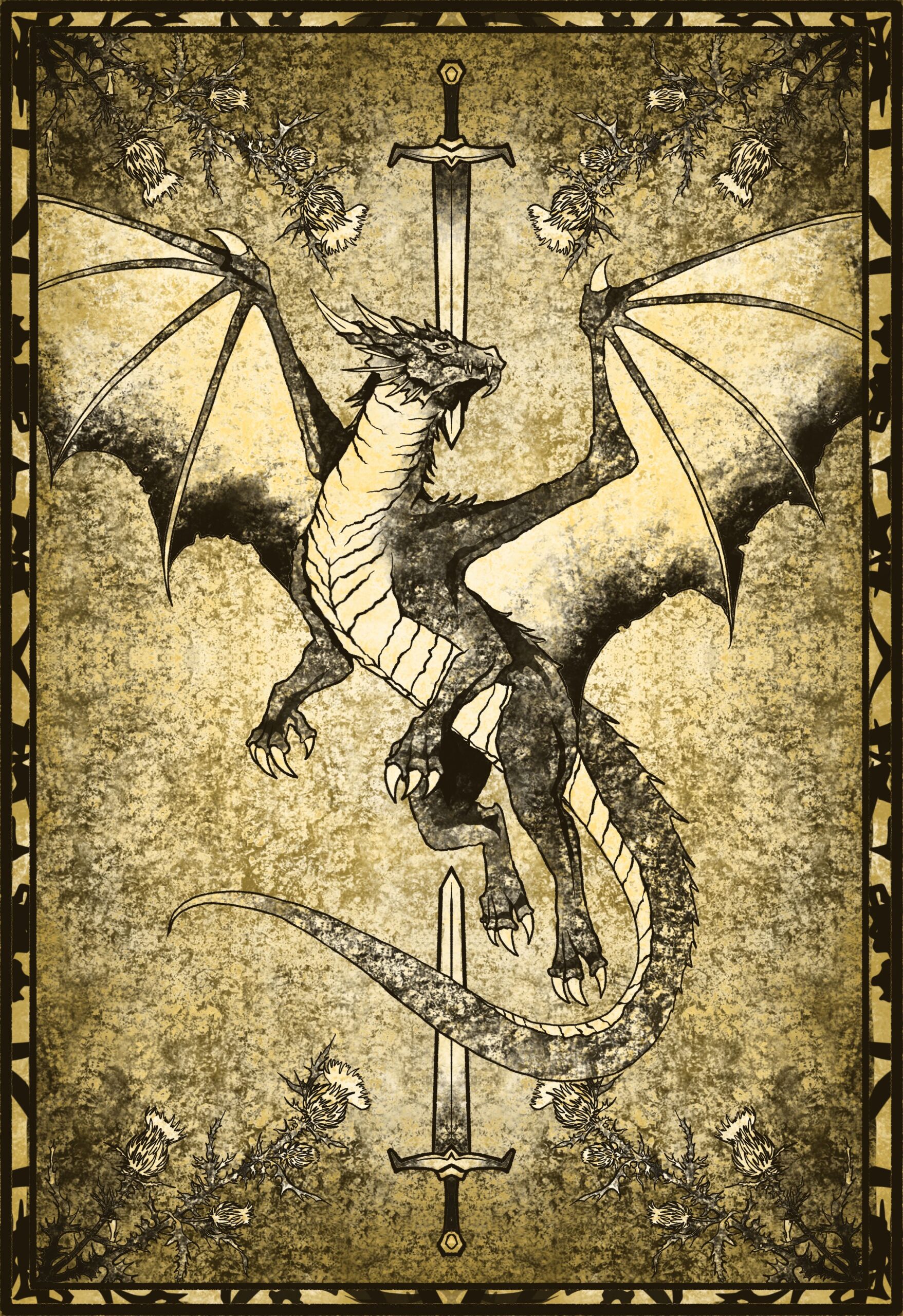Antique-style card illustration of a dragon with outstretched wings standing behind a vertical sword, bordered by vines and a weathered gold frame.