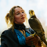Woman in a blue Victorian-style outfit with a falcon perched on her gloved arm, outdoors.