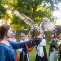 Woman in a blue sweater holds a barn owl on a gloved hand as its wings spread, with costumed crowd watching outdoors in a park-like setting.