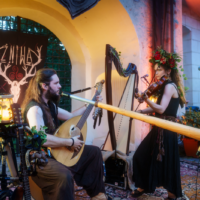 Two medieval-style musicians performing on an outdoor stage: a bearded man on a lute and a woman violinist wearing a flower crown.
